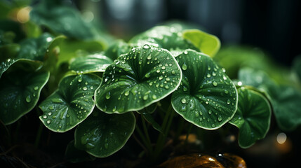 Experience the refreshing beauty of nature up close, as water droplets glisten on a vibrant plant