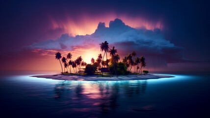 Tropical island at night, bioluminescence in clear blue sea, whole island is seen - obrazy, fototapety, plakaty