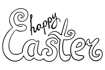 Happy Easter text for decoration, present sticker, promotion banner, postcard invitation. Hand drawn letters vintage style decorative elements. 