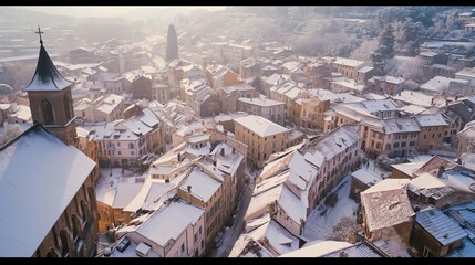 Obraz premium Snow on the European city roofs. Generative AI