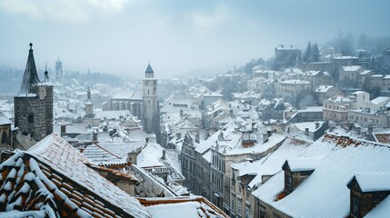 Obraz premium Snow on the European city roofs. Generative AI