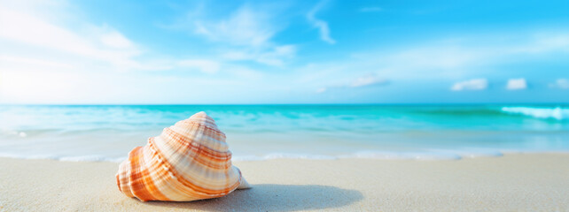 Fototapeta na wymiar Sea shell on white sand, ideal tropical beach in the afternoon, copy space
