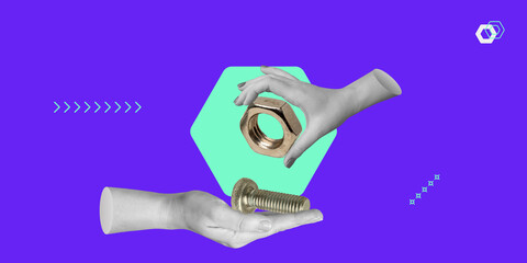 Collaborative, DIY - Do It Yourself concept. Hand with screw and hand with nut. Minimalist art collage