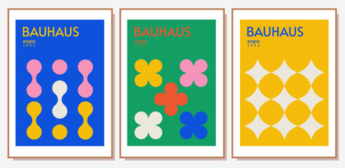 Bauhaus inspired posters set. Minimal modern abstract art prints. Retro backgrounds with basic geometric figures.