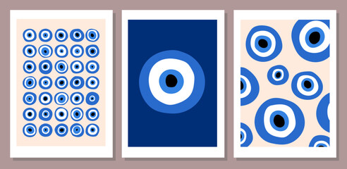 Abstract retro aesthetic backgrounds set with Turkish Evil Eye. Nazar Boncuk vintage posters collection. Modern trendy wall art prints. Spiritual esoteric art.