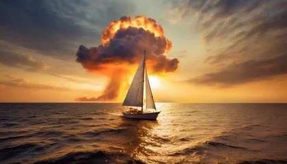 Rolgordijnen Little small yacht boat sailing in the ocean with huge explosion of apocalyptic event in the background © Kaspars