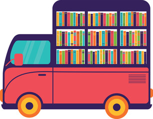  Book delivery, the bus carries books. Bookstore on wheels. Vector illustration isolated on transparent background, EPS 10.