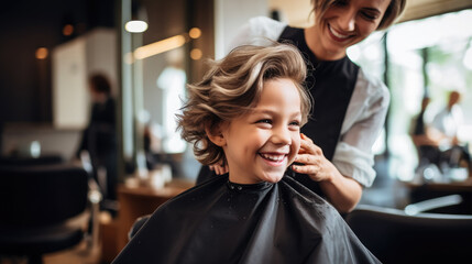 happy smiling child sitting in a chair at the hairdresser, haircut, hairstyle, style, girl, boy, kid, toddler, fashion, beauty salon, barbershop, hair, portrait, face, emotional - obrazy, fototapety, plakaty