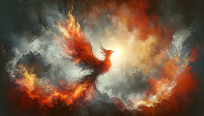 Majestic Phoenix in Fiery Landscape, Mythical Creature Concept - obrazy, fototapety, plakaty