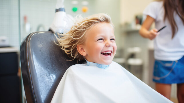 happy smiling child sitting in a chair at the hairdresser, haircut, hairstyle, style, girl, boy, kid, toddler, fashion, beauty salon, barbershop, hair, portrait, face, emotional