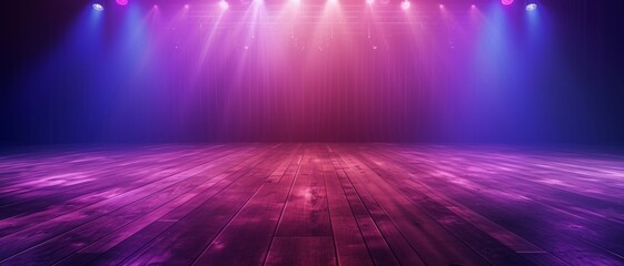 Stage Spotlight starts with the warm colors of a studio's hardwood floor and rises to the dynamic purples and pinks of stage lights ,Ideal for fitness app UI background .