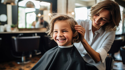happy smiling child sitting in a chair at the hairdresser, haircut, hairstyle, style, girl, boy, kid, toddler, fashion, beauty salon, barbershop, hair, portrait, face, emotional - obrazy, fototapety, plakaty