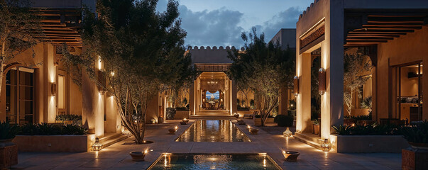 getaway destination of luxury resort hotel or palace garden landscaping design with arcade arcs and pool water feature for Arabia classic exotic tourism architecture design as wide banner