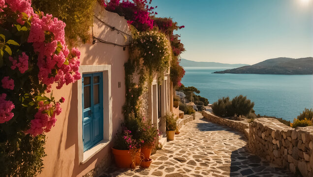 Beautiful street Greece summer day, sea holiday