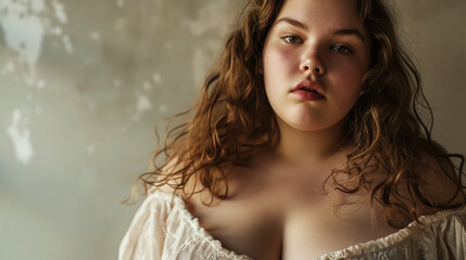 beautiful plump girl, plus size model, overweight woman, fat person, portrait, face, lady, lifestyle, weight loss, fashion, care, studio - obrazy, fototapety, plakaty