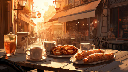Outdoor sidewalk cafe eating a continental breakfast of coffee and croissants in Florence, Italy - obrazy, fototapety, plakaty