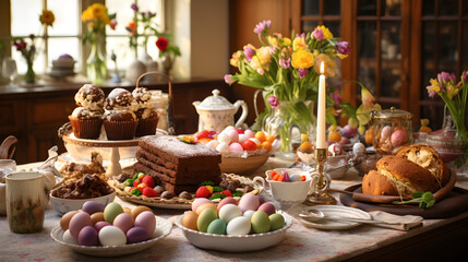 Naklejka na ściany i meble Heartwarming Easter Celebration: A Family's Traditions and Delicious Spread Captured in an Image