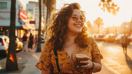 beautiful plump happy girl drinks coffee on a walk, palm trees, summer, plus size model, overweight woman, fat person, portrait, face, lady, lifestyle, weight loss, curvy, city, street - obrazy, fototapety, plakaty