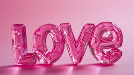 Pink Glass Love concept creative horizontal art poster. Photorealistic textured word Love on artistic background. Horizontal Illustration. Ai Generated Romance and Passion Symbol.