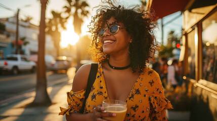 beautiful plump happy girl drinks coffee on a walk, palm trees, summer, plus size model, overweight woman, fat person, portrait, face, lady, lifestyle, weight loss, curvy, city, street - obrazy, fototapety, plakaty