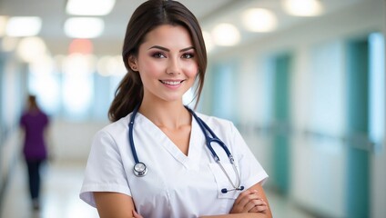 Pretty nurse working in a hospital with blurred bokeh background