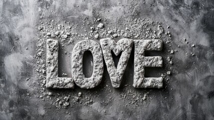 Pumice Stone Love concept creative horizontal art poster. Photorealistic textured word Love on artistic background. Horizontal Illustration. Ai Generated Romance and Passion Symbol.