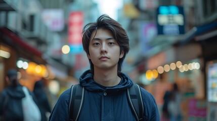 Fototapeta premium Young handsome Asian man fashion model in urban city