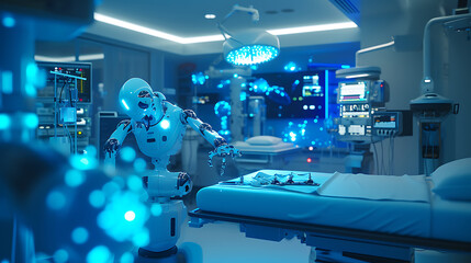Um moderno quarto estéril de hospital é iluminado pelo suave brilho azul de equipamentos médicos futuristas - obrazy, fototapety, plakaty