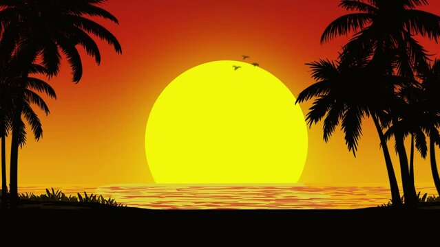 Tropical beach with palm tree silhouettes, birds flying at sunset