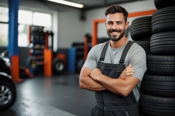 Smiling mechanic at the auto service changing a tire with a workout tool