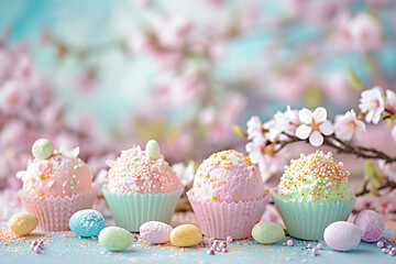 homemade easter holiday celebration sweet treats praline chocolate truffle treats in romantic pastel spring colours with frosting heart shaped sprinkles in magazine editorial look bakery baked	 - obrazy, fototapety, plakaty