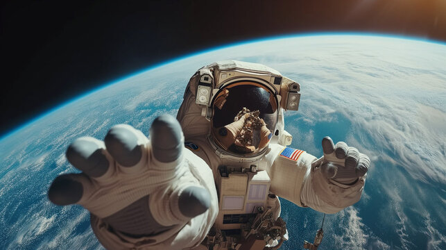 Astronaut in a space suit reaching out against Earth's backdrop