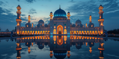 Ramadan Kareem. Eid Mubarak . Illuminated mosque with a perfect reflection on water during the blue hour. - obrazy, fototapety, plakaty