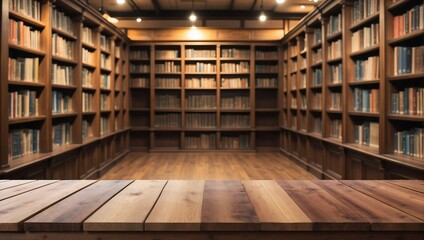 Blurred Library on Empty Wooden Table Background, Wooden Table