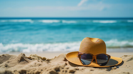 A stylish sun hat and sunglasses laid out on sandy beach with ocean waves in the background