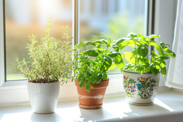 Fresh herbs like basil, mint, and rosemary planted in decorative pots on a kitchen windowsill