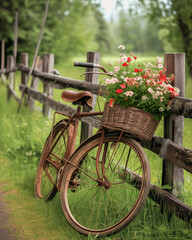 Fototapeta na wymiar An old-fashioned bicycle with a basket filled with flowers, leaning against a rustic fence