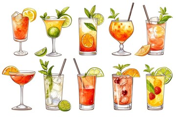 Set of cocktails, soft and long-drinks on a white background - obrazy, fototapety, plakaty