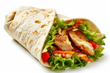 Tortilla Wrap with Fried Chicken Meat and Vegetables Isolated on White Background