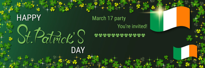 St.Patrick's Day vector banner template. Green background with clover leaves and design elements