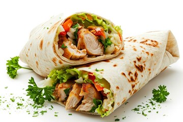 Tortilla Wrap with Fried Chicken Meat and Vegetables Isolated on White Background