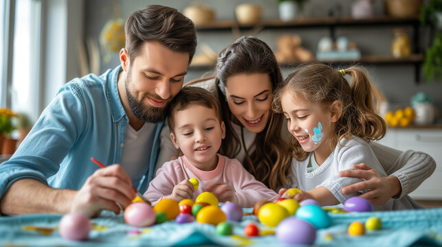 Happy Easter.  Family painting Easter eggs together at home.