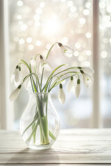 Vertical Snowdrops in a vase with sunlight and bokeh on a wooden table. Spring card with place for text. Floral symbol of spring time.