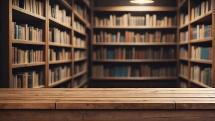 Blurred Library on Empty Wooden Table Background, Wooden Table