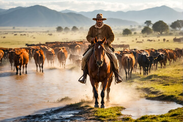 Gaucho farmhand with a goatee riding a Criollo horse driving cattle on the pampas in southern Brazil. Criollo Brazilian horse breed. - obrazy, fototapety, plakaty