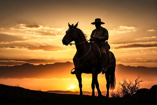 Gaucho pawn riding a Criollo horse at pampa sunset. Criollo Brazilian horse breed.