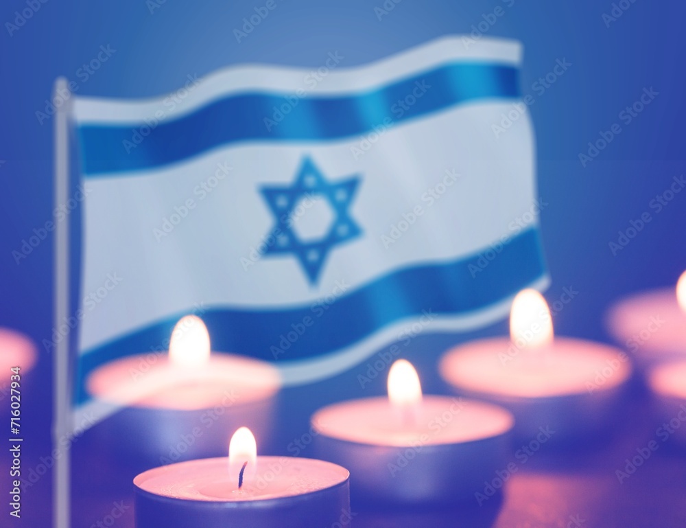 Wall mural burning candles lights for Hanukkah and Israel flag