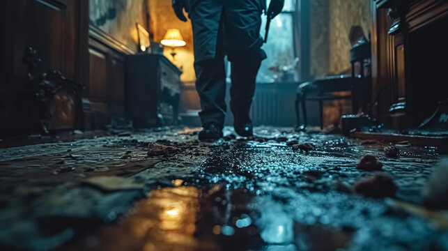 The detective investigates the crime scene, details related to the crime