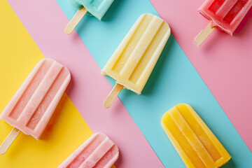 arranged close up shot flatlay of popsicle ice cream on a stick as fruity tropical summer...