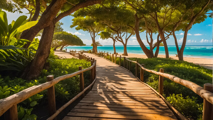 Fototapeta na wymiar beautiful wooden path beach Mauritius sunny